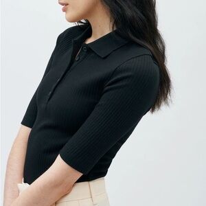 KOTN black cotton ribbed button down quarter polo top in size S